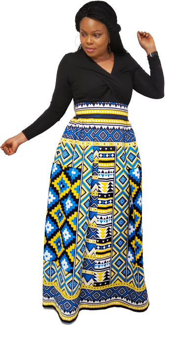 Stylish African Print, Half Pleated Long Skirt Front Side unpleated, with Pockets.