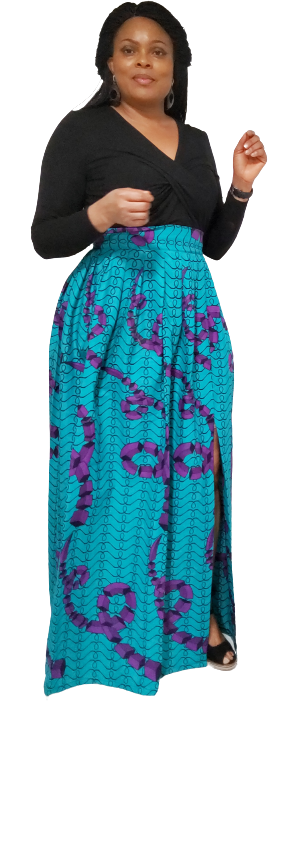 Stylish African Print Long Pleated Skirt---Split with Belt.