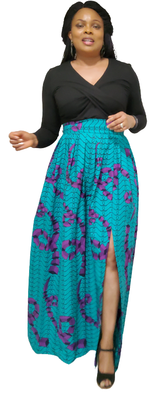 Stylish African Print Long Pleated Skirt---Split with Belt.