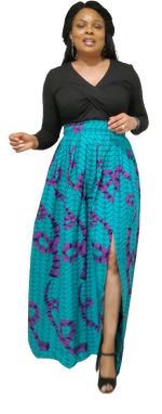 Load image into Gallery viewer, Stylish African Print Long Pleated Skirt---Split with Belt.
