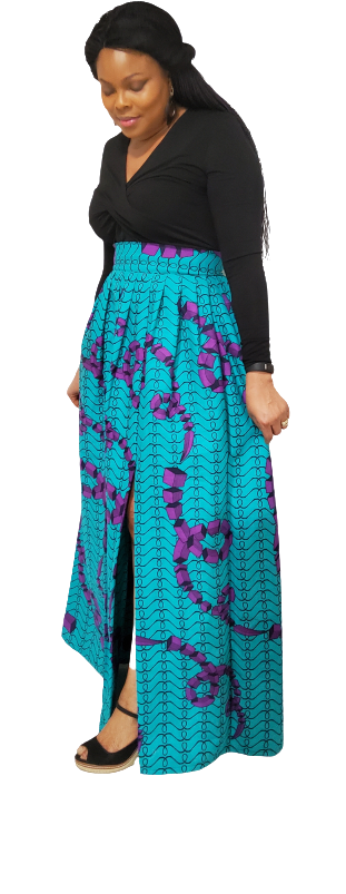 Stylish African Print Long Pleated Skirt---Split with Belt.