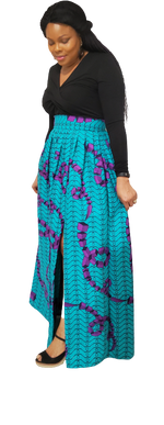 Load image into Gallery viewer, Stylish African Print Long Pleated Skirt---Split with Belt.
