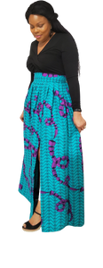 Stylish African Print Long Pleated Skirt---Split with Belt.