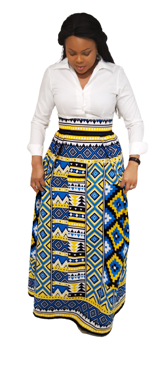 Stylish African Print, Half Pleated Long Skirt Front Side unpleated, with Pockets.