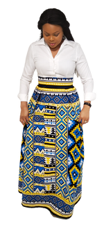 Load image into Gallery viewer, Stylish African Print, Half Pleated Long Skirt Front Side unpleated, with Pockets.
