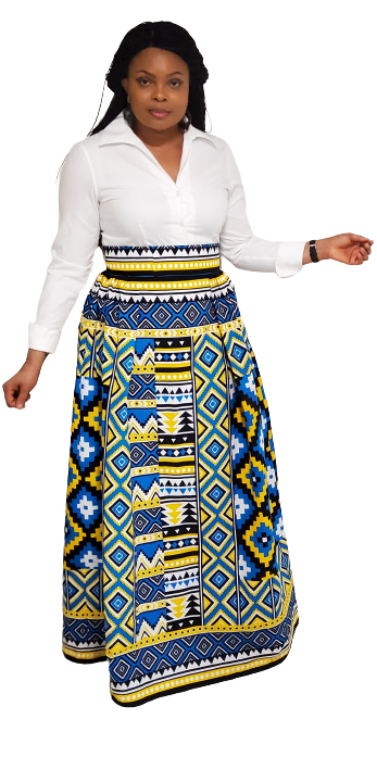 Stylish African Print, Half Pleated Long Skirt Front Side unpleated, with Pockets.