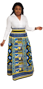 Load image into Gallery viewer, Stylish African Print, Half Pleated Long Skirt Front Side unpleated, with Pockets.
