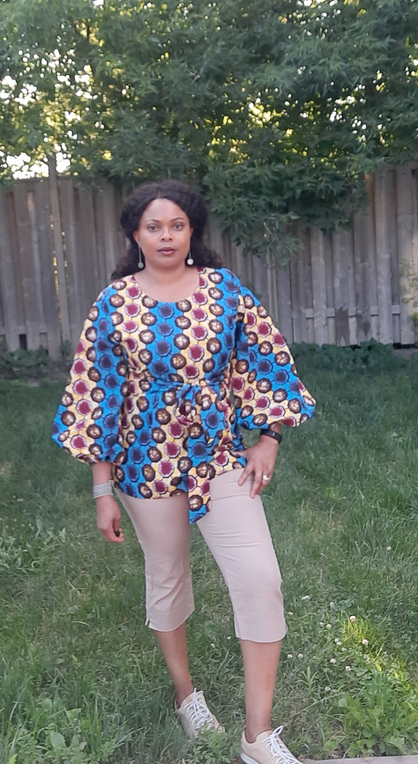 Gorgeous African Print Balloon Sleeve Top With Belt.