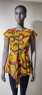 Load image into Gallery viewer, Elegant African Print Cup Sleeve  Peplum Top With Front Zipper.
