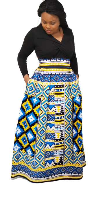 Stylish African Print, Half Pleated Long Skirt Front Side unpleated, with Pockets.