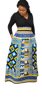 Load image into Gallery viewer, Stylish African Print, Half Pleated Long Skirt Front Side unpleated, with Pockets.
