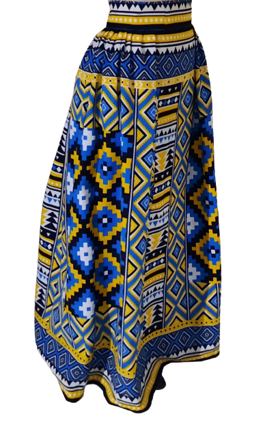 Stylish African Print, Half Pleated Long Skirt Front Side unpleated, with Pockets.