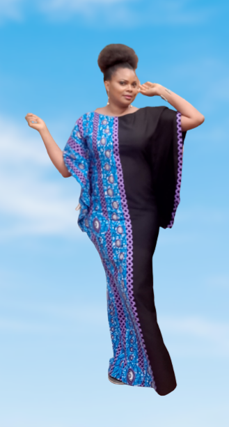 Gorgeous African Print Color Block Half Butterfly Dress. Bottom Slit